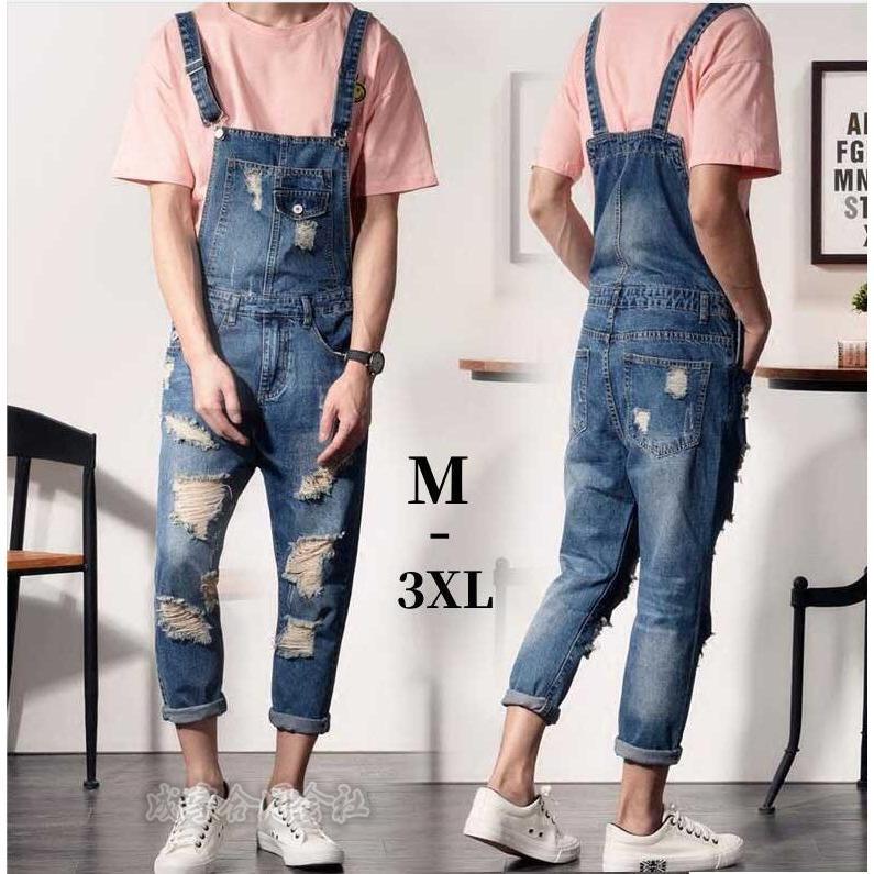 デニム サロペット パンツ 9分丈 ダメージ加工 メンズ ジーンズ デニム サロペット パンツ 9分丈 ダメージ加工 メンズ ジーンズ