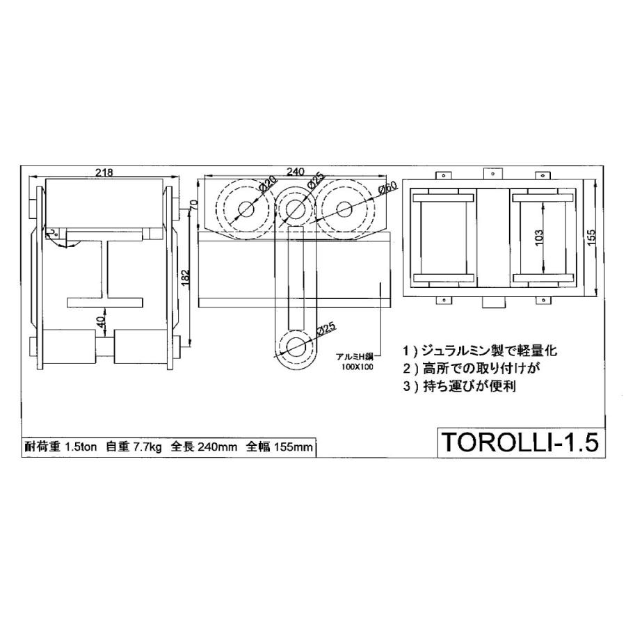 テム製　ランサー専用　トロリー1.5ton用　変更　アルミ門型シリーズ「別途送料ご連絡」「キャンセル　H鋼シングル用　アルミ合金製　返品不可」