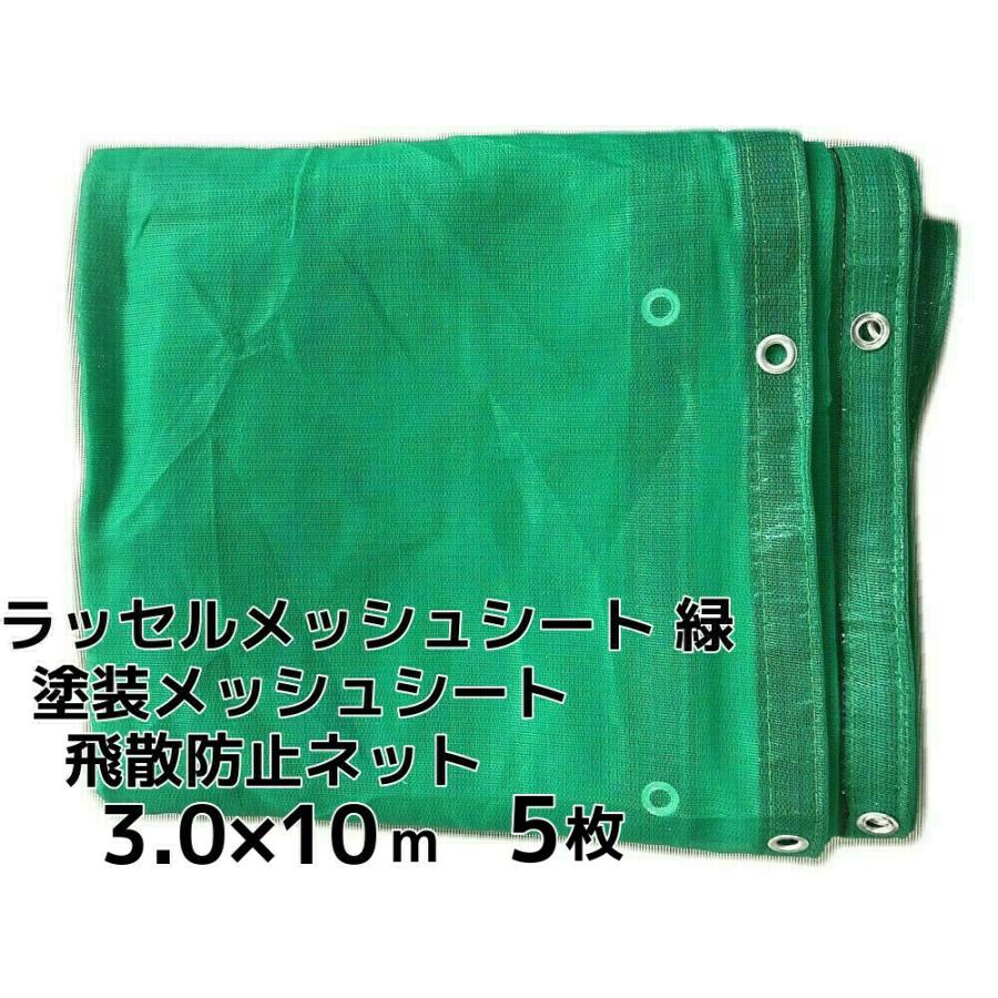 ラッセルメッシュシート 飛散防止ネット 緑 3.0m×10m 5枚 ハトメあり 