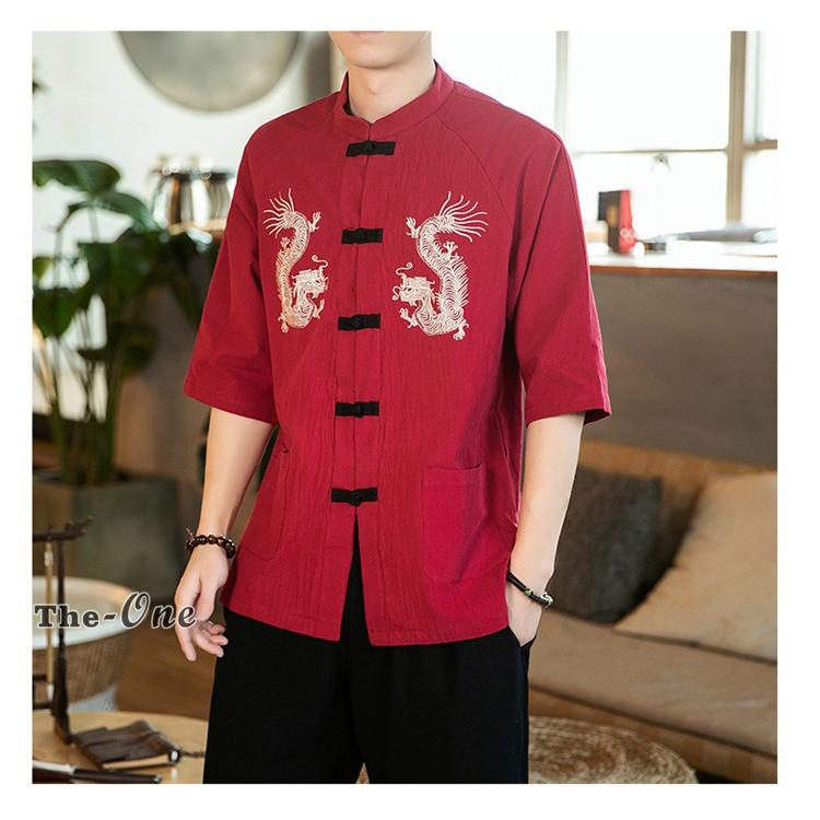 チャイナ服 メンズ ファッション シャツ 五分袖 刺繍 中華風 チャイナボタン スタンドカラー トップス Tz The One 通販 Yahoo ショッピング