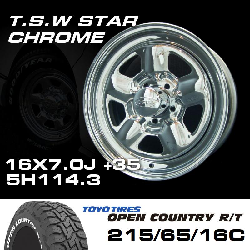 TSW STAR クローム 16X7J+35 5穴114.3 TOYO OPEN COUNTRY ホワイト 