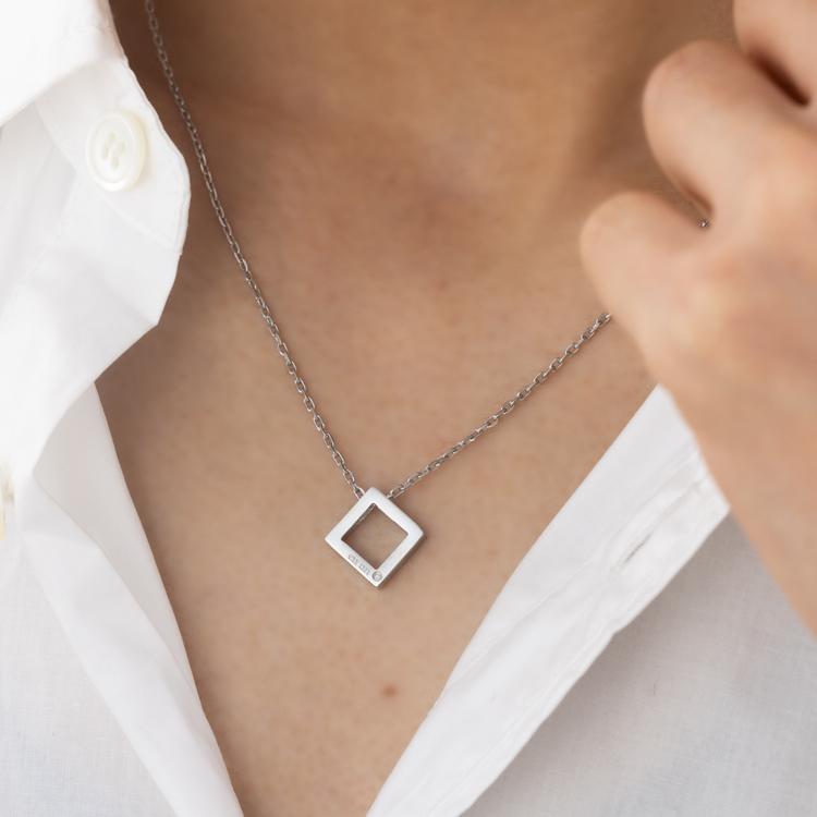 ペアネックレス ステンレス 刻印 ダイヤモンド 金属アレルギー対応 つけっぱなし 合わせメッセージ スクエア サージカルステンレス 2本セットの画像
