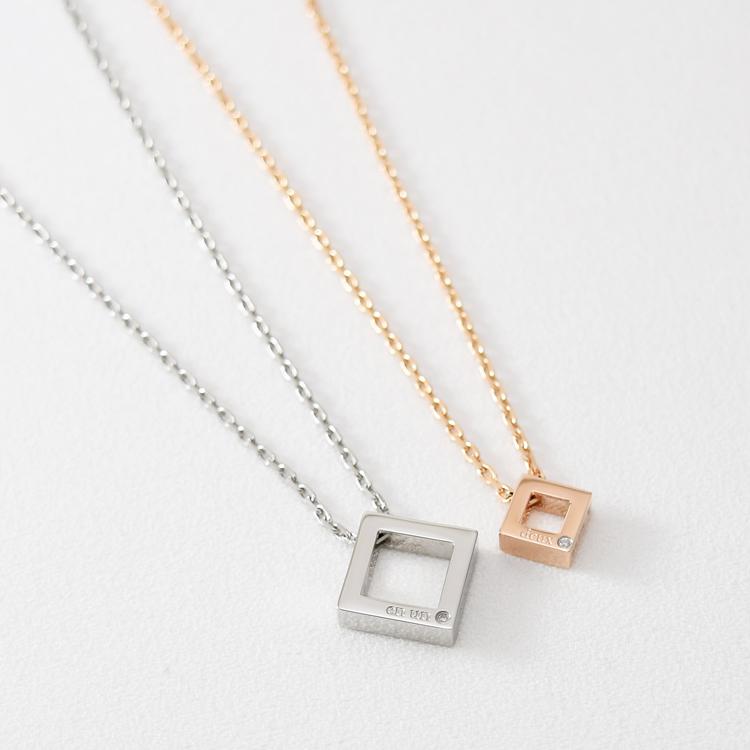 ペアネックレス ステンレス 刻印 ダイヤモンド 金属アレルギー対応 つけっぱなし 合わせメッセージ スクエア サージカルステンレス 2本セットの画像