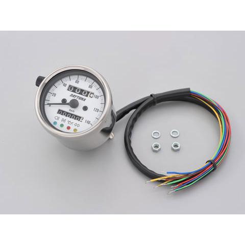 デイトナ DAYTONA インジケーター付き 機械式スピードメーター φ60 140km/h ホワイトLED照明 ステンレスボディ/ホワイトパネル 15639