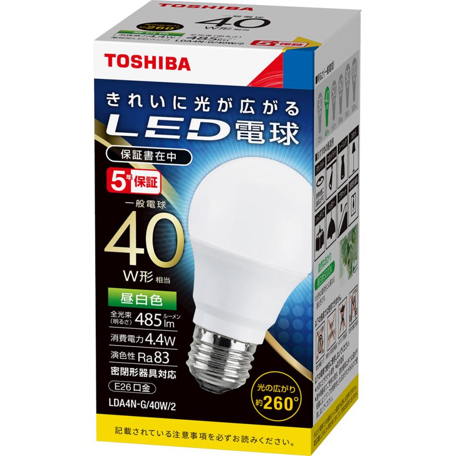 東芝ライテック 40形 LED電球 一般電球形[E26][昼白色][4.4w][485lm][光の広がり約260°][密閉器具対応]LDA4N-G/40W/2｜terukuni