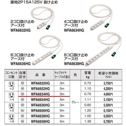 パナソニック EASYワイヤリングハーネス用OAタップ（グレー）(接地2P 15A 125V)(4コ口抜け止めアース付)(3m)WFA6634HG｜terukuni