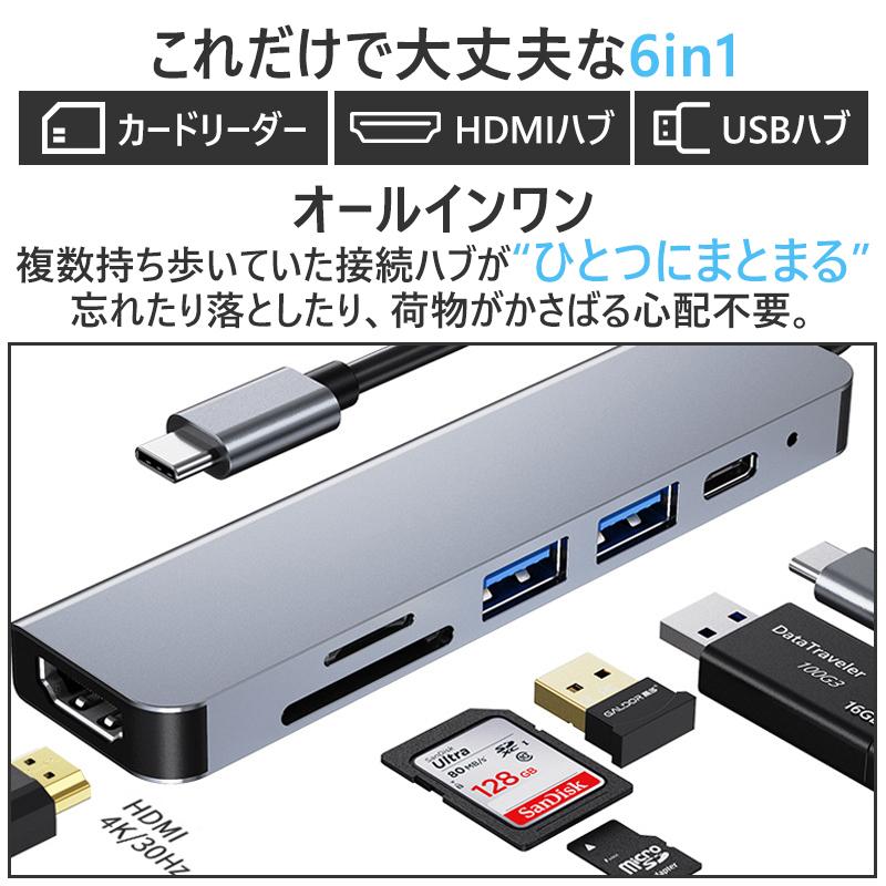 USB Type-C ハブ 6in1 SDカードリーダー HDMI ポート 4K PD対応 USB 3.0 USB-C タイプC Macbook Android iPad ノートパソコン 高速転送 音楽 写真 USB Type-C ハブ 6in1 SDカードリーダー HDMI ポート 4K PD対応 USB 3.0 USB-C タイプC Macbook Android iPad ノートパソコン 高速転送 音楽 写真