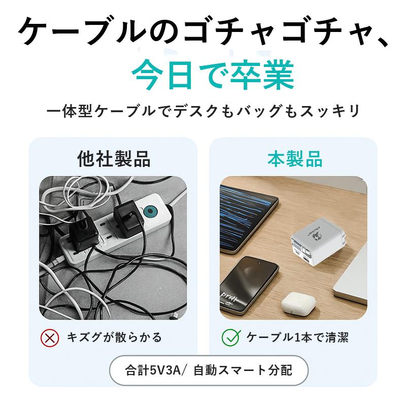 usb充電器 usb コンセント 伸縮ケーブル付き PD 30W 急速充電器 ac