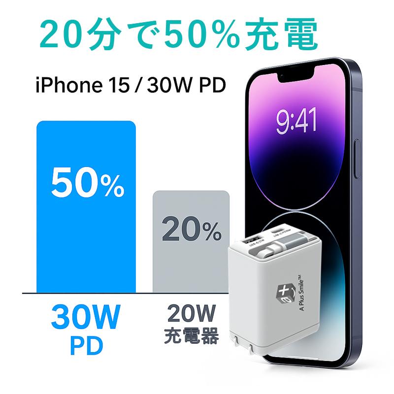 usb充電器 usb コンセント 伸縮ケーブル付き PD 30W 急速充電器 ac