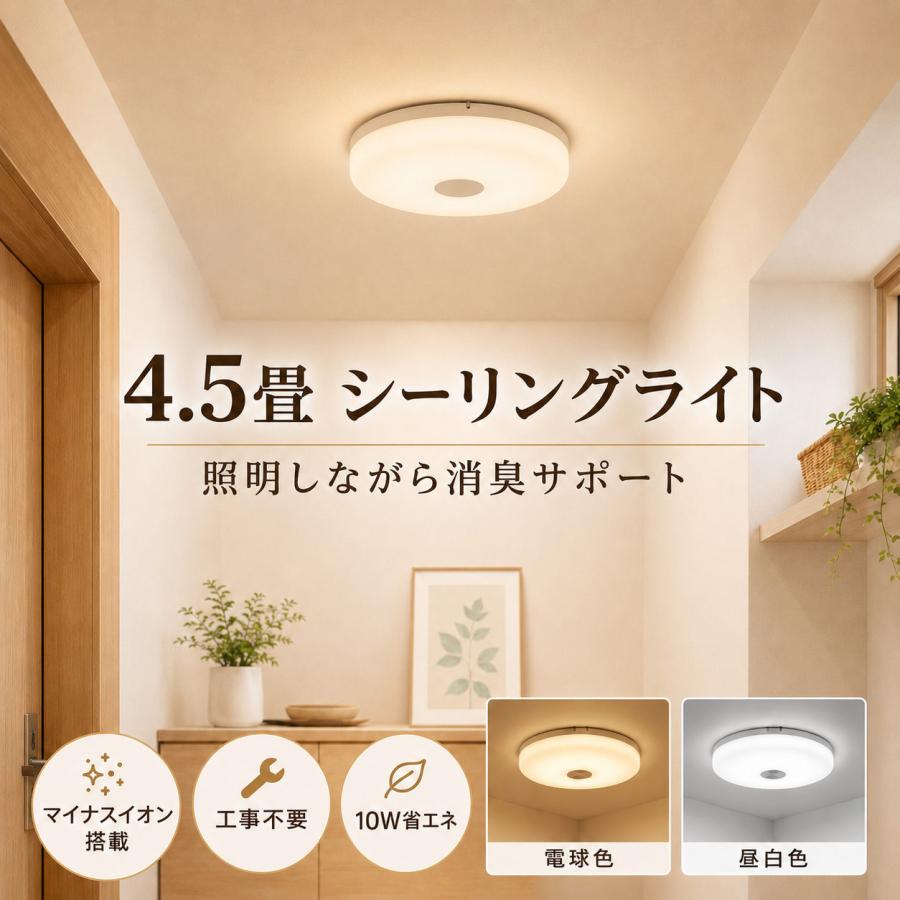 シーリングライト led 照明器具 空気清浄 4.5畳 小型 薄型 工事不要 led照明 おしゃれ マイナスイオン 脱臭 消臭サポート 玄関 トイレ 寝室 省エネ（Yahoo!・いつも幸便）