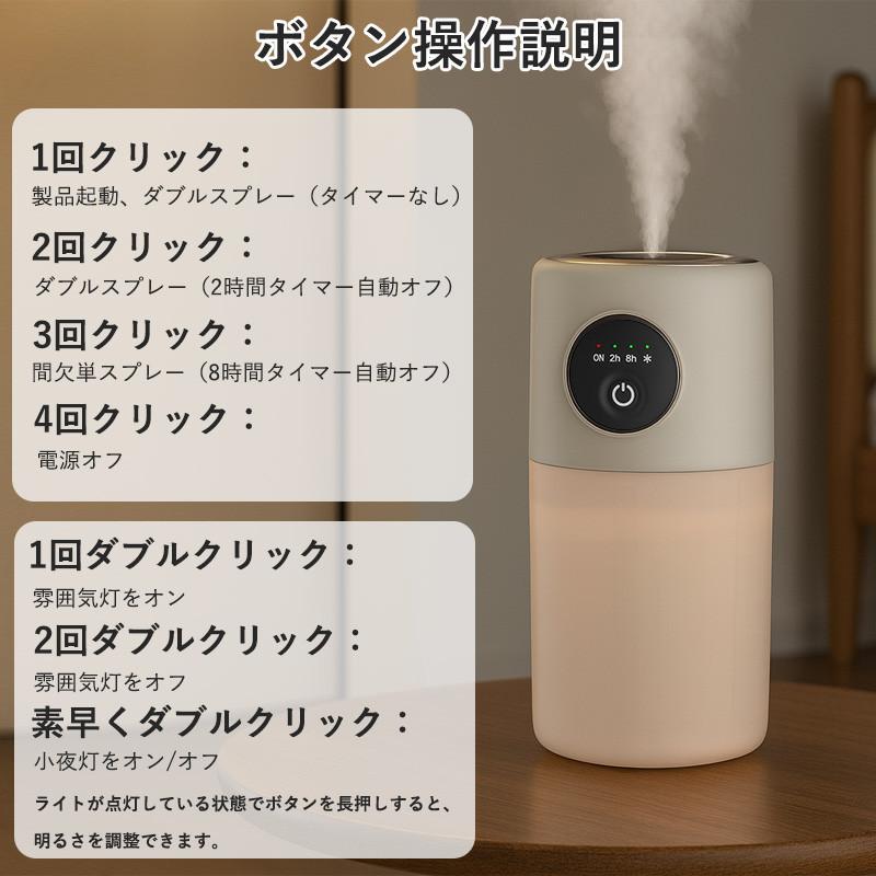 加湿器 超音波式 充電式 コードレス ダブル噴霧 タイマー 無段階調光