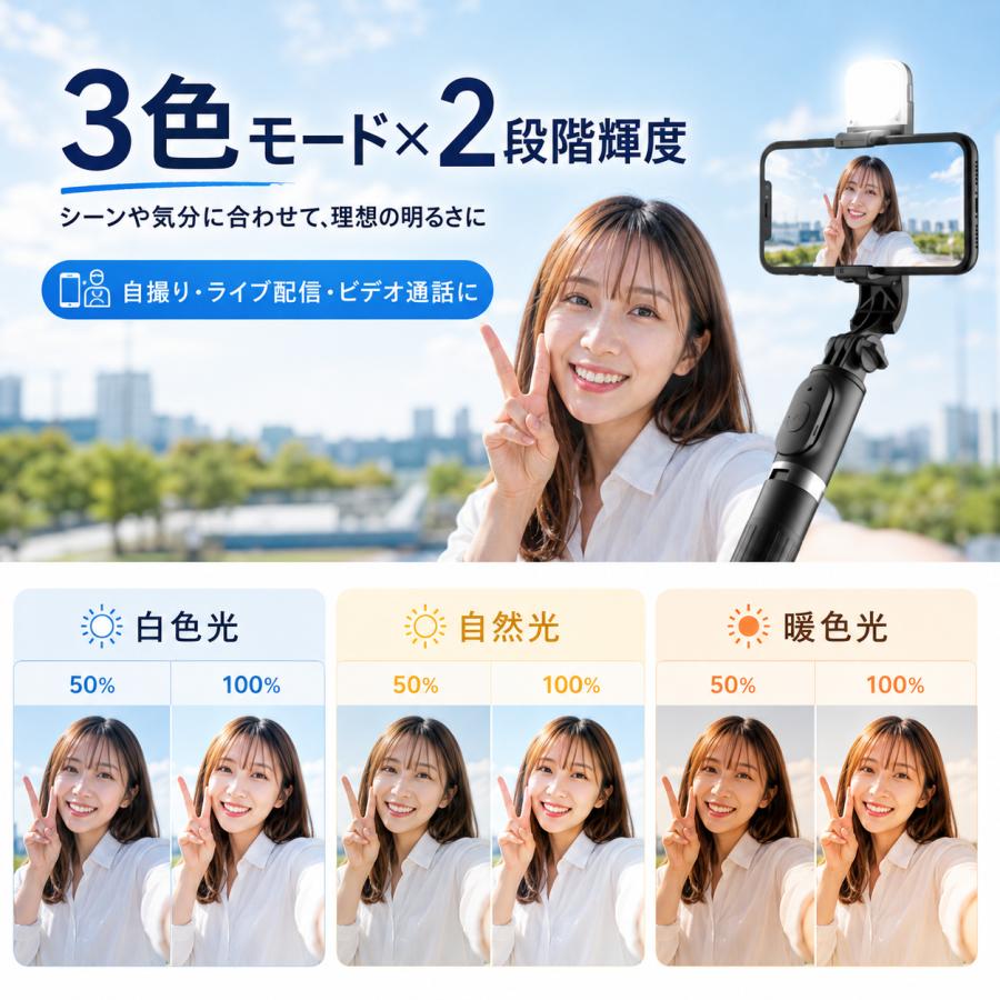 自撮り棒 スマホ 三脚 LEDライト付き 360°回転 7段伸縮 最長104cm 軽量