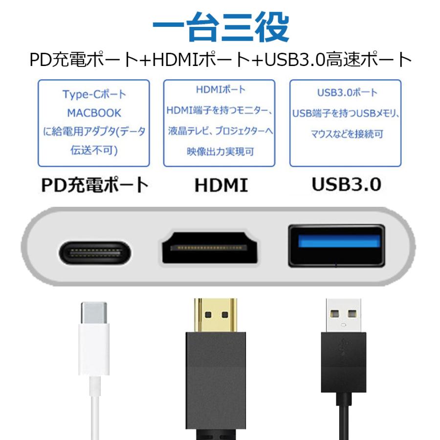 Type-C 変換アダプター HDMI 3in1 タイプC 4k解像度 高画質 急速伝送 USB3.0 急速充電 操作簡単 断線防止 スマホ テレビ 接続 ケーブル 変換器｜teruyukimall｜04