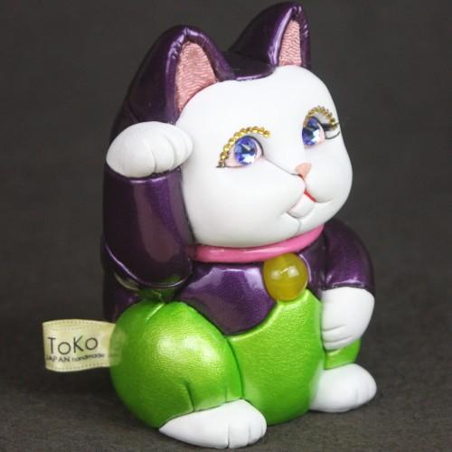 招き猫 置物 エナメル 10cm 紫猫 おしゃれ 柿沼人形 日本製 : 手しごと
