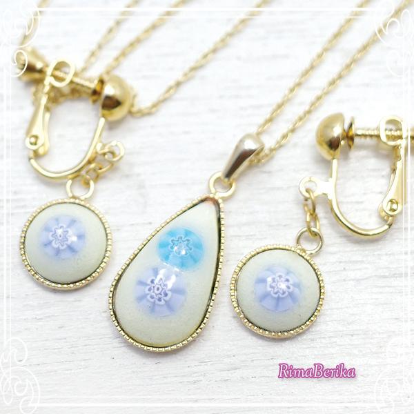 七宝ミルフィオリのピアス・ペンダントセット [オフホワイト
