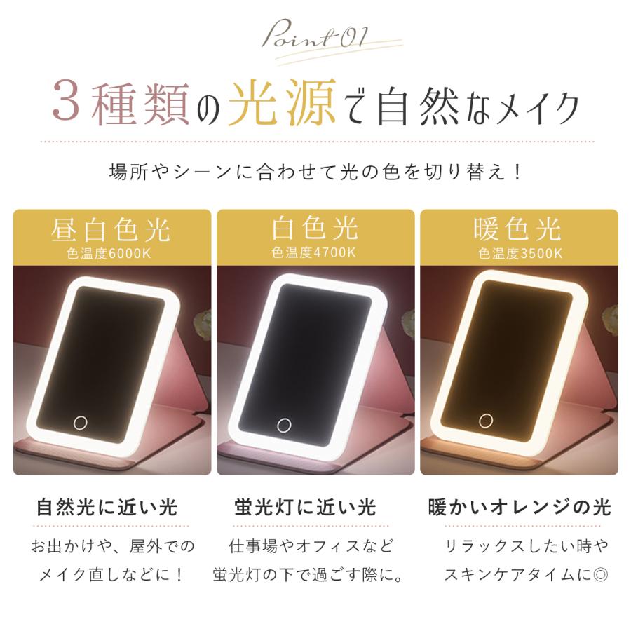 折りたたみ女優ミラー 日光LEDライト付き 化粧鏡 卓上ミラー 三色調光