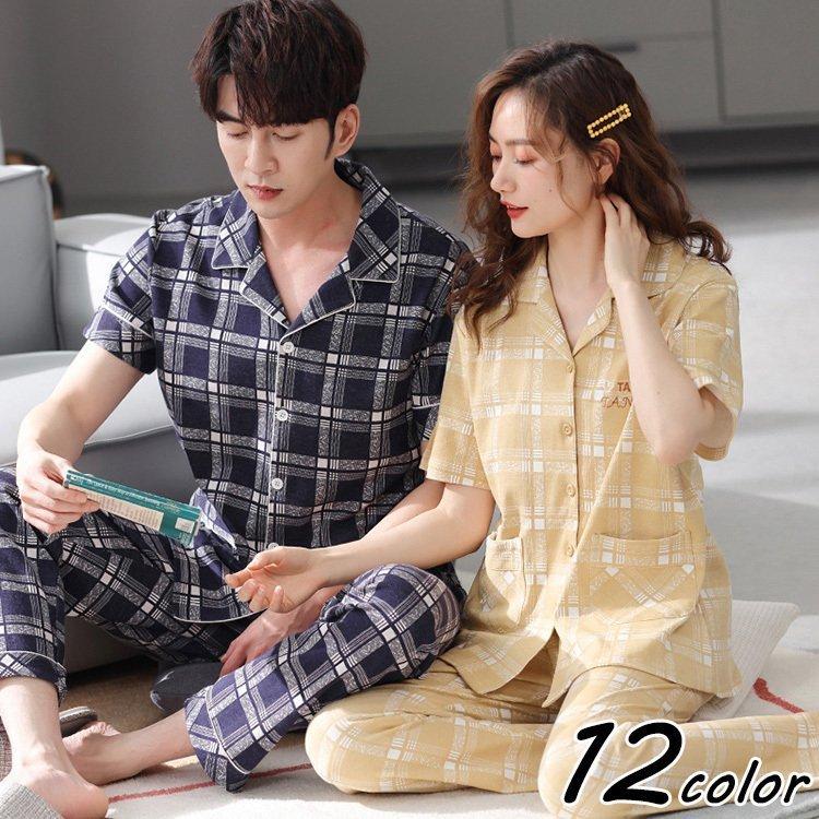 紫 カップルパジャマ ペアパジャマ 春夏 半袖ルームウェア ペアルック 寝巻き 可愛い チェック柄 ロングパンツ上下セットレディース メンズ部屋着 オシャレ ギフト Hanagrocare Com