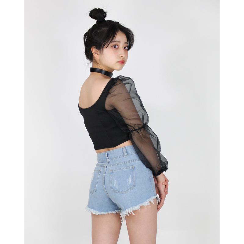 超歓迎 ダンス衣装 トップス ショート丈 シースルー 長袖 ぽわん袖 へそ出し 黒 白 紫 ダンス ヒップホップ ガールズ レディース K Pop 韓国 Aynaelda Com