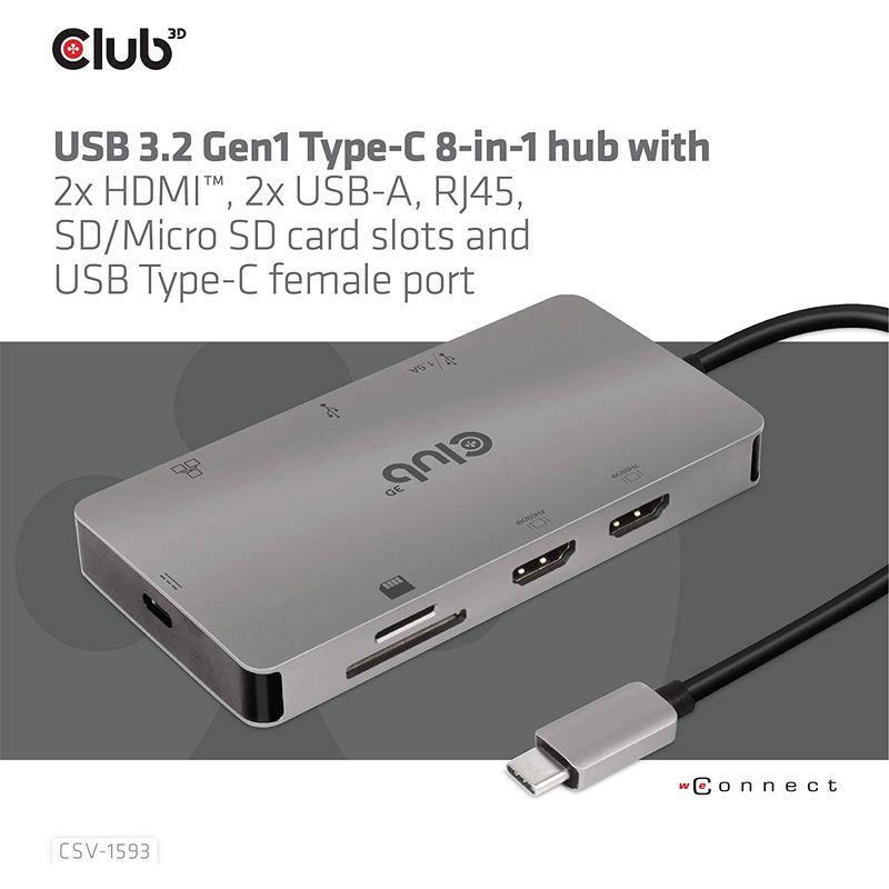 60％OFF Club 3D USB Type C 8-in-1 Hub to 2xHDMI 4K60Hz / 2x USB A / RJ45 / SD