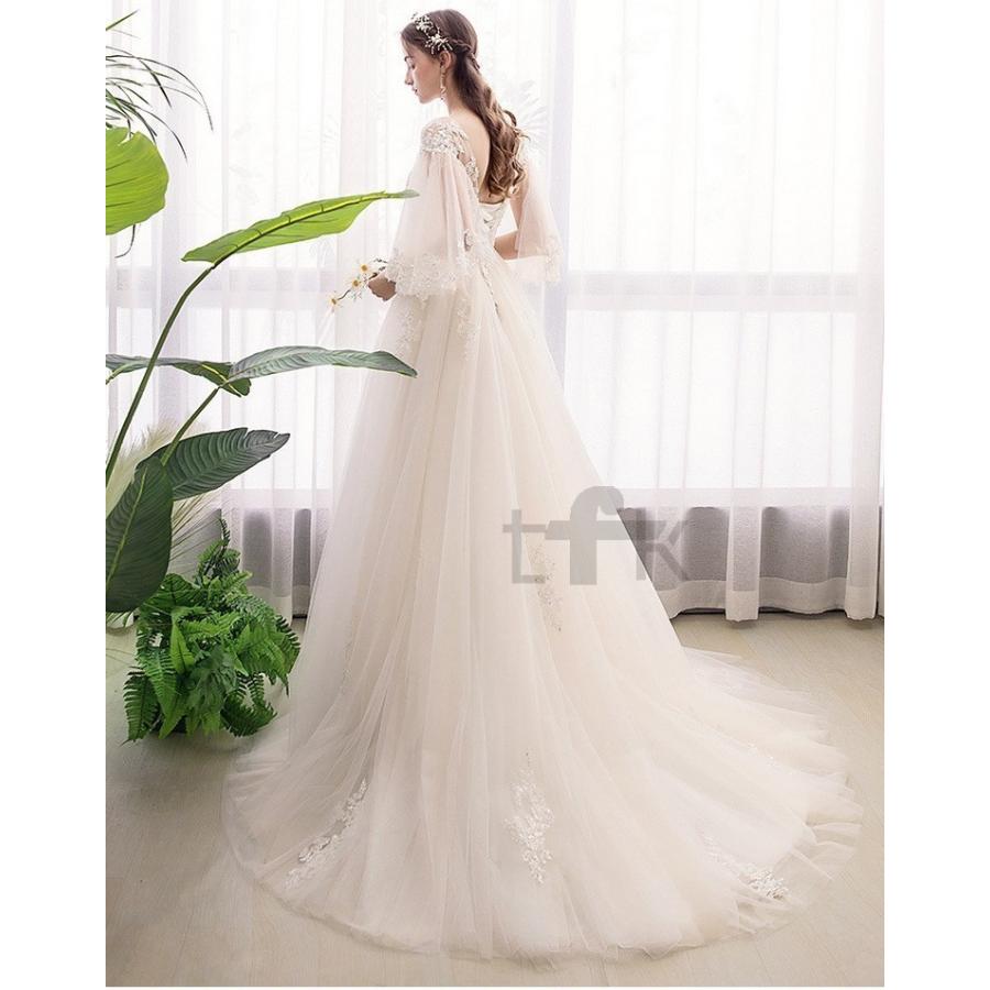 古典 結婚式 花嫁ロングドレス トレーンライン パーティードレス ウェディングドレス白 ウェディングドレス 挙式 お呼ばれ レース 二次会 パフスリーブ エンパイアライン サイズ M Www 11thspace Com