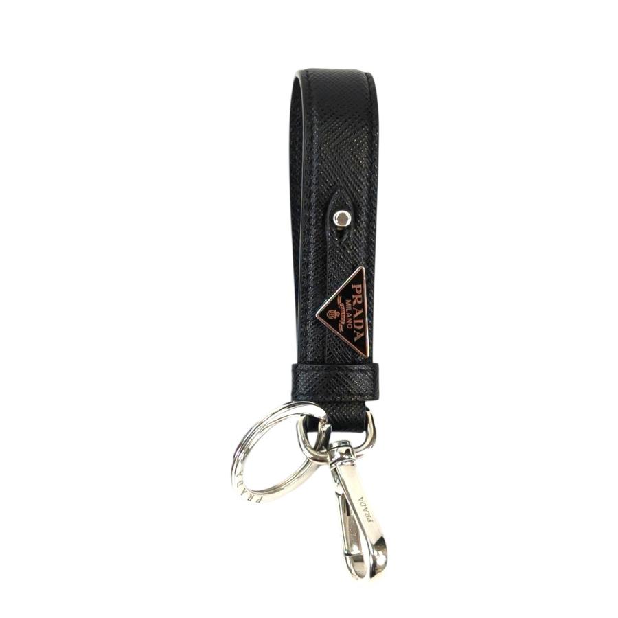 【美品】PRADA　キーホルダー　キーリング　三角ロゴ　サフィアーノレザー　黒 PRADA（プラダ） 三角ロゴ サフィアーノレザー キーリング ブラック
