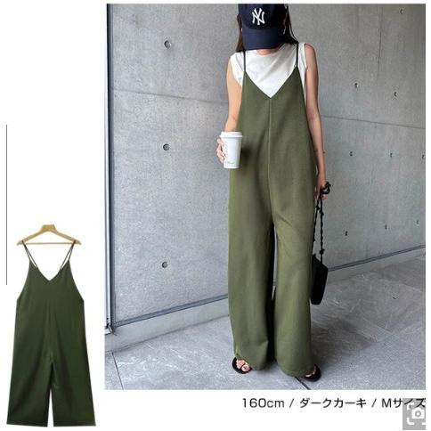 きれいめツイル ワイドキャミサロペット レディース Vネック ワイド