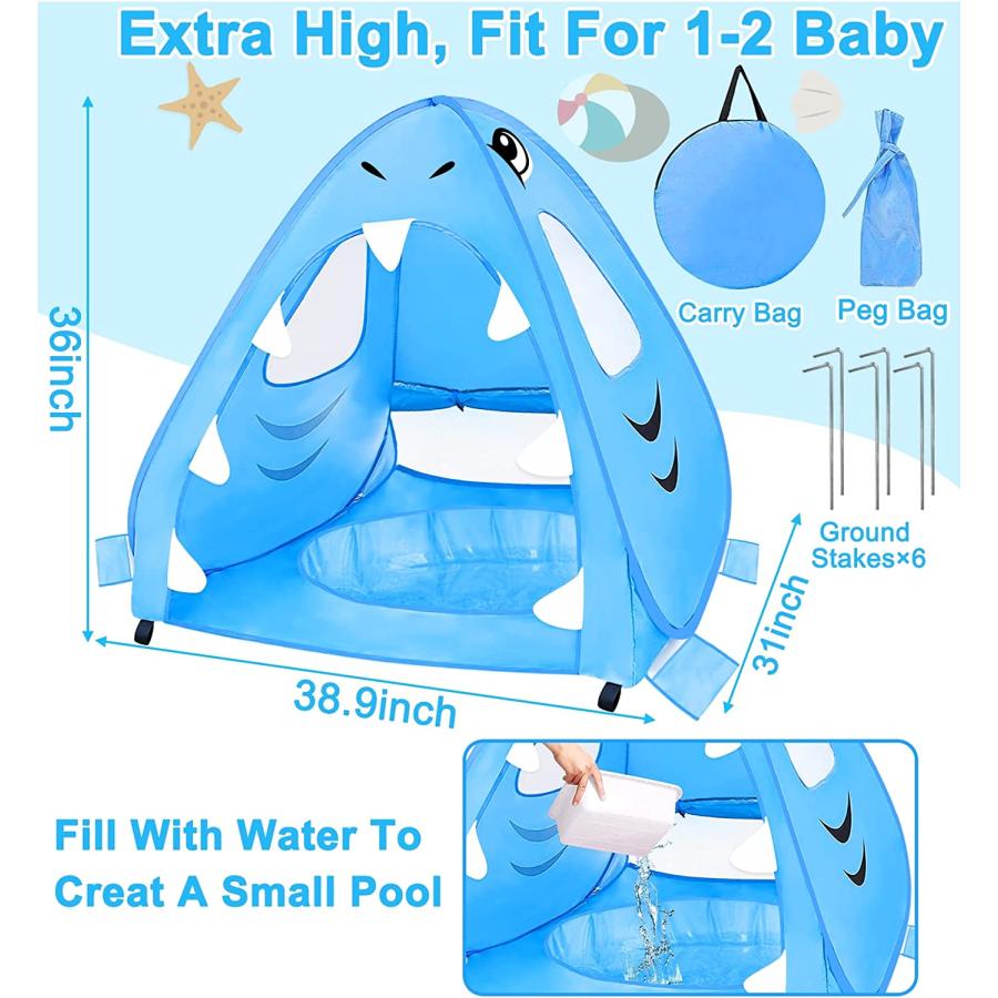 [ Extra High ] Shark Baby Beach Tent, Pop Up Baby Pool Tent UPF 50+ UV Protection 4 Sand Pockets 3 Mesh Windows Waterproof Sun Shelters Beach 並行輸入｜the-earth-ws｜03