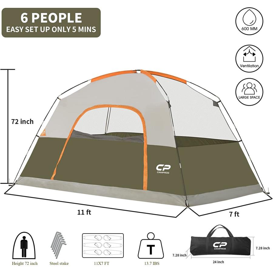 CAMPROS CP Tent-6-Person-Camping-Tents, Waterproof Windproof Family Dome Tent with Top Rainfly, Large Mesh Windows, Double Layer, Easy Set Up 並行輸入｜the-earth-ws｜02