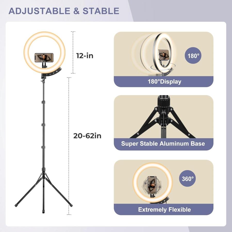 Sensyne Newest 12" Ring Light with 62" Tripod Stand, LED Selfie Circle Light with Strong Magnectic Phone Holder Compatible with Cellphones fo 並行輸入｜the-earth-ws｜06