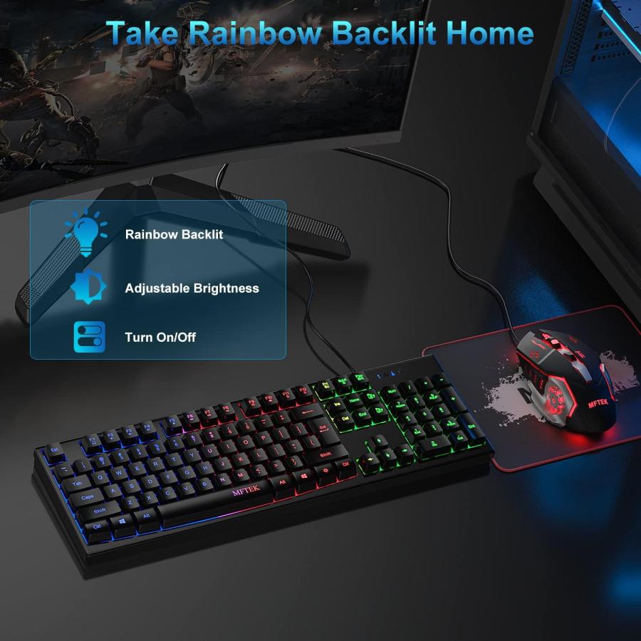 MFTEK ゲーミングキーボードとマウスのコンボ RGBバックライト有線ゲーミングキーボードと4つの調整可能なDPIライトアップマウスセット マウスパッド付 並行輸入