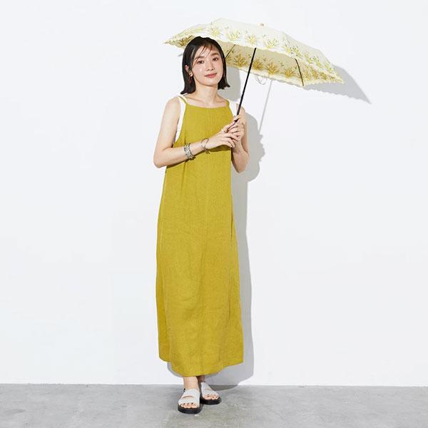 日傘 UVカット 「ミモザ刺繍」折りたたみ 長傘 （アイボリー・ブルー