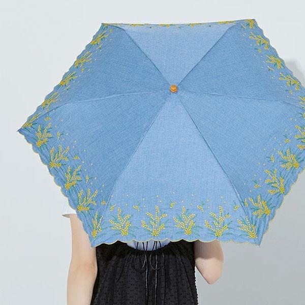 日傘 UVカット 「ミモザ刺繍」折りたたみ 長傘 （アイボリー・ブルー