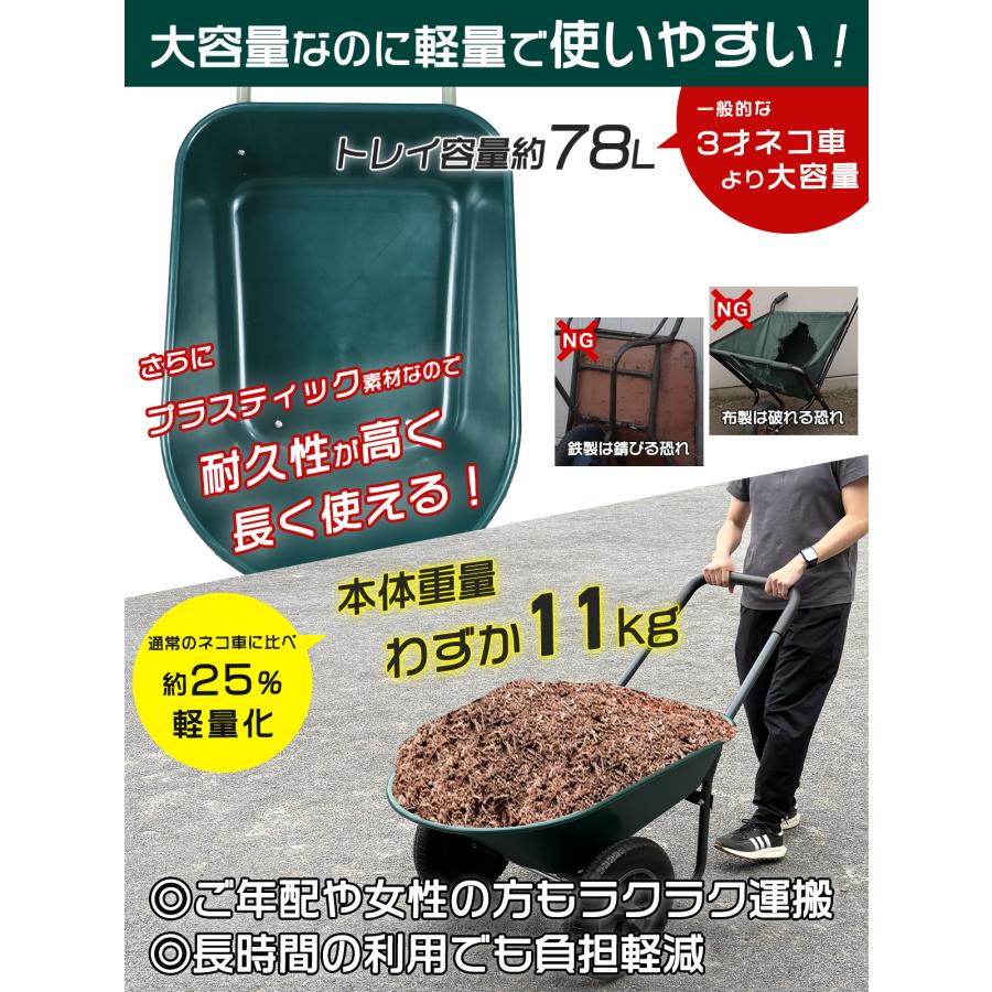 二輪車 ネコ ノーパンクタイヤ 一輪車 耐荷重150kg 容量78L リヤカー手押し車 農業用 ネコ車 深型 浅型 二輪台車