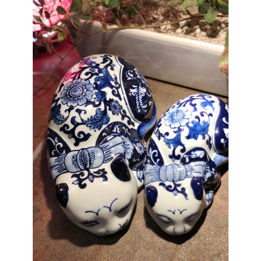 THE-SECRET-GARDEN シノワズリ ブサカワ 猫 置物 大 青白陶器