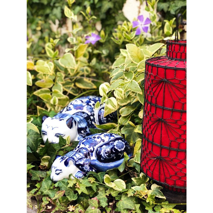THE-SECRET-GARDEN シノワズリ ブサカワ 猫 置物 大 青白陶器