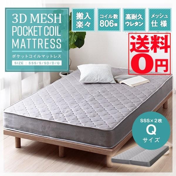 3Dメッシュ・ポケットコイルマットレス （Qクイーンサイズ 幅160cm/80cm×2枚組） コイル数806 5面メッシュ素材　ri14016gy