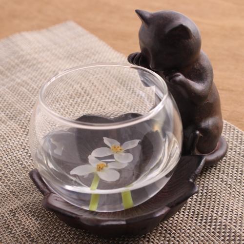 フラワーベース 花瓶 ガラスベース 猫 ネコ キャット 猫雑貨 アジアン雑貨 オブジェ 置物 水鉢 メダカ
