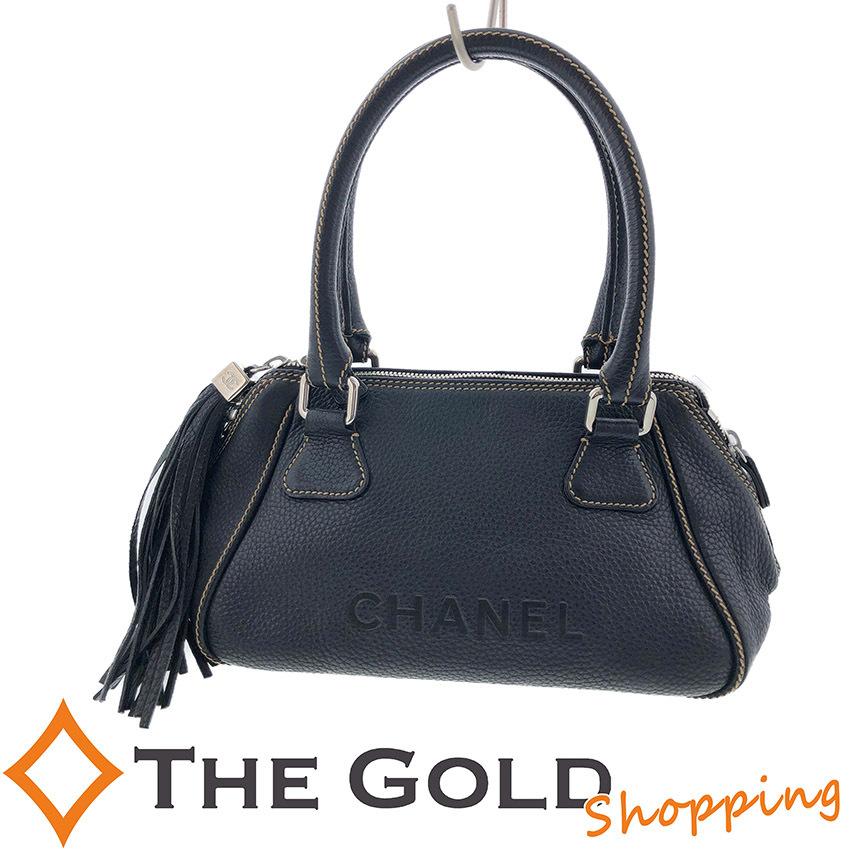 シャネル CHANEL ロゴ フリンジ バッグ ブラック 黒 レザー ミニ  