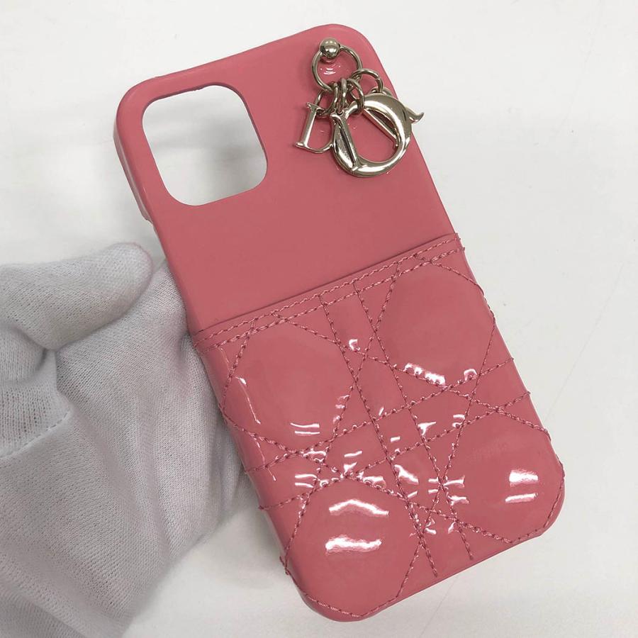 Christian Dior iPhone12・12Proケース 47-MA-1211 カナージュ エナメル パテントレザー ピンク ロゴチャーム クリスチャンディオール◆中古｜thegoldshopping｜06