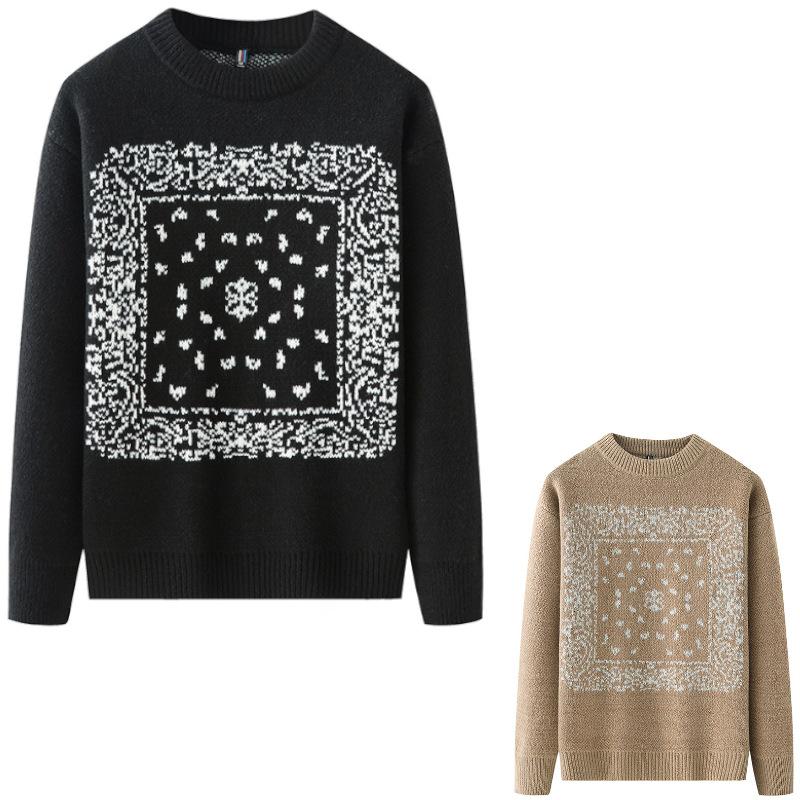 バンダナ柄 クルーネック ニット丸首セーター Paisley bandana pattern crew neck sweater | 
