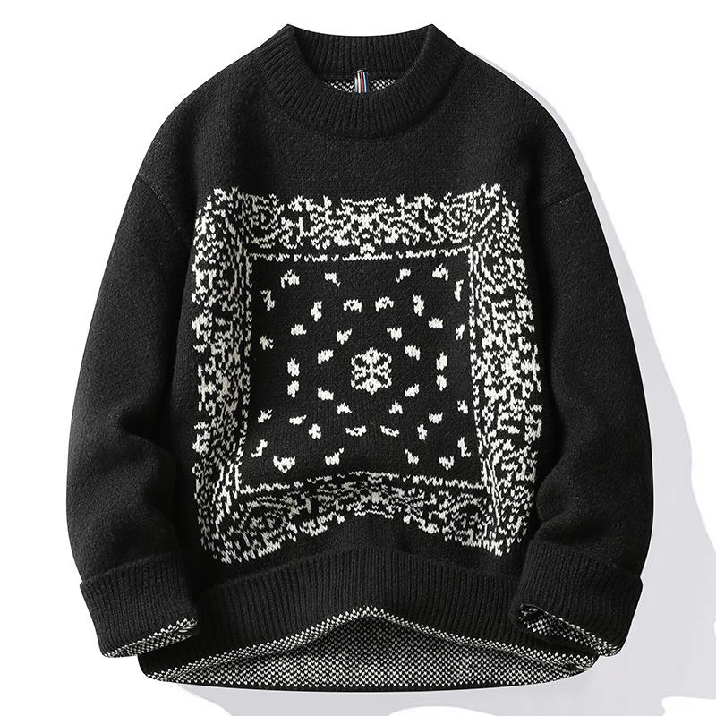 バンダナ柄 クルーネック ニット丸首セーター Paisley bandana pattern crew neck sweater |  | 03
