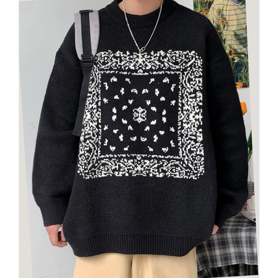 バンダナ柄 クルーネック ニット丸首セーター Paisley bandana pattern crew neck sweater |  | 05