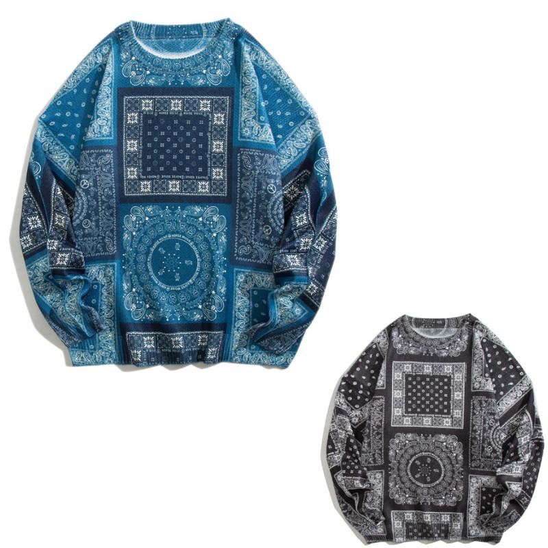 バンダナ プリント クルーネック セーター ニット 丸首セーター ペイズリー Paisley bandana pattern crew neck sweater 【size L〜3XL】 【送料無料】 | 