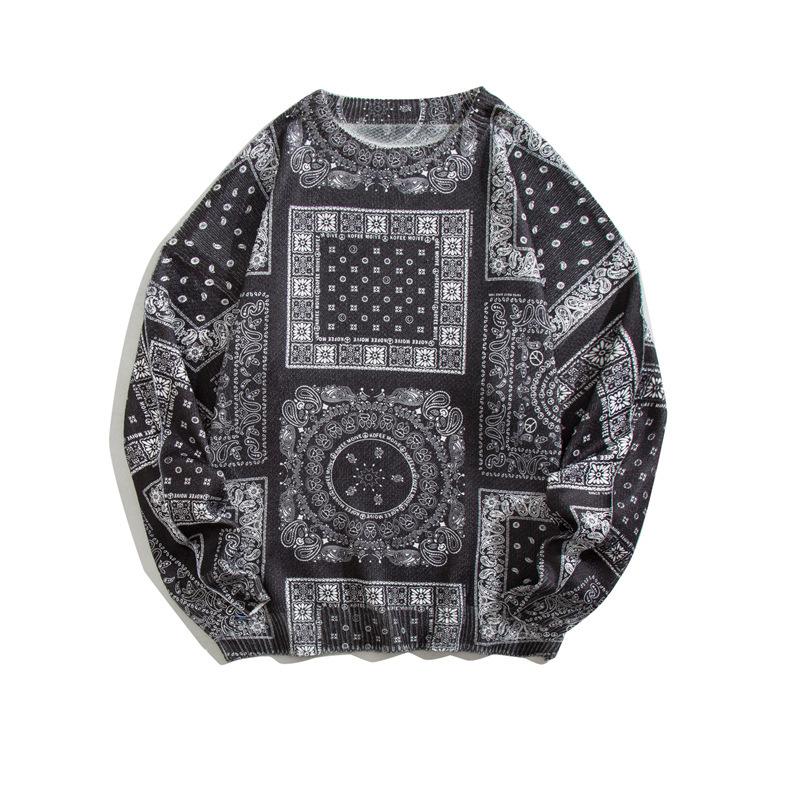 バンダナ プリント クルーネック セーター ニット 丸首セーター ペイズリー Paisley bandana pattern crew neck sweater 【size L〜3XL】 【送料無料】 |  | 03