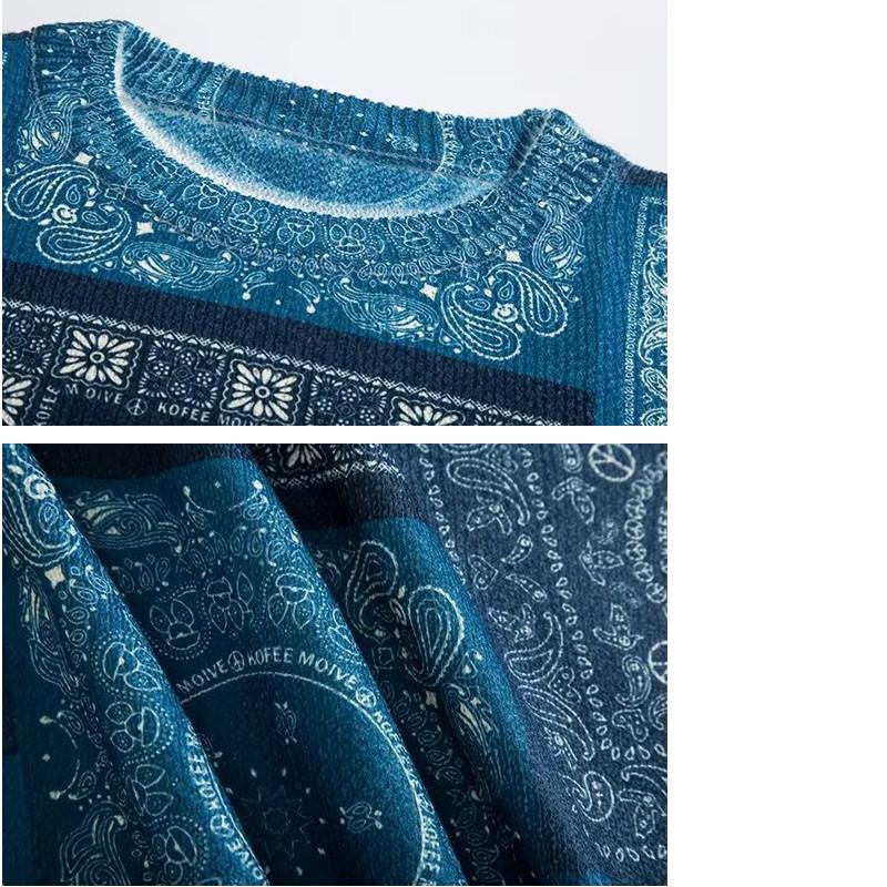 バンダナ プリント クルーネック セーター ニット 丸首セーター ペイズリー Paisley bandana pattern crew neck sweater 【size L〜3XL】 【送料無料】 |  | 04