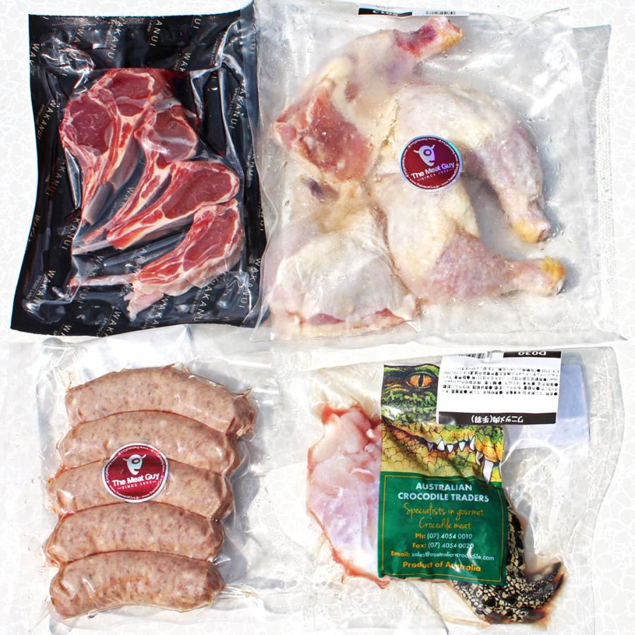 超 インパクト絶大！BBQセット 1.5kg 4-6人前 （ BBQ食材 ）ワニ肉 ラムチョップ ソーセージ チキンレッグ-SET103 |  | 07