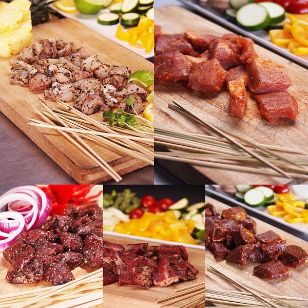 【エキゾチック】竹串付き味付け生肉キューブ5種お得セット/バーベキューセット カンガルー ワニ ポーク ビーフ 馬(送料無料) 肉 BBQ食材 アウトドア キャンプ | 