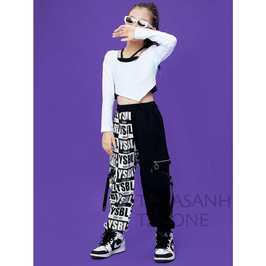 注目ショップ ダンス衣装 キッズダ 黒 白 英語スプライシング ダンスパンツ セット ヒップホップ 韓国 ガールズ ジャズダンス Hiphop 演奏会 練習着 応援団 Materialworldblog Com