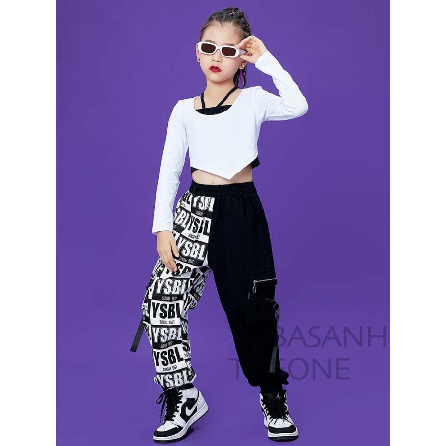 注目ショップ ダンス衣装 キッズダ 黒 白 英語スプライシング ダンスパンツ セット ヒップホップ 韓国 ガールズ ジャズダンス Hiphop 演奏会 練習着 応援団 Materialworldblog Com