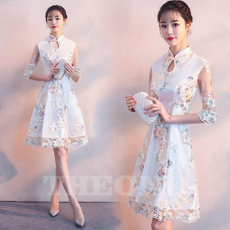 日本オーダー パーティードレス 結婚式ドレス 袖あり チャイナ風ドレス 花柄 刺繍 Aライン 大人 二次会 披露宴 卒業式 成人式 上品 お呼ばれ 食事会 激安 通販店 Superavila Com